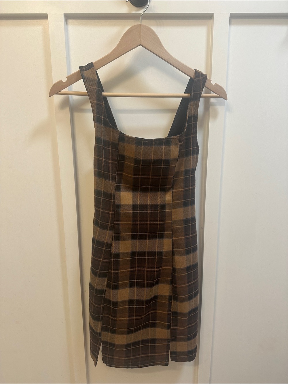 Cider Brown Plaid Pinafore Mini Dress